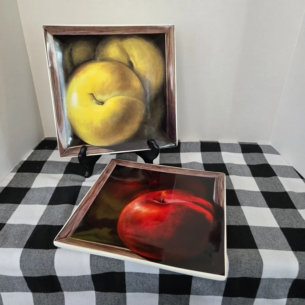 CIC Jay Mercado Apple & Pear Square Ceramic Decorative Plates Vibrant Colors